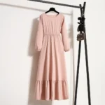 Women Eid Muslim Abaya Dubai Ruffles Spliced Arab Puff Sleeve Morocco Tight Waist Vestidos Solid Color Dress Casual Slim Fit - Image 3